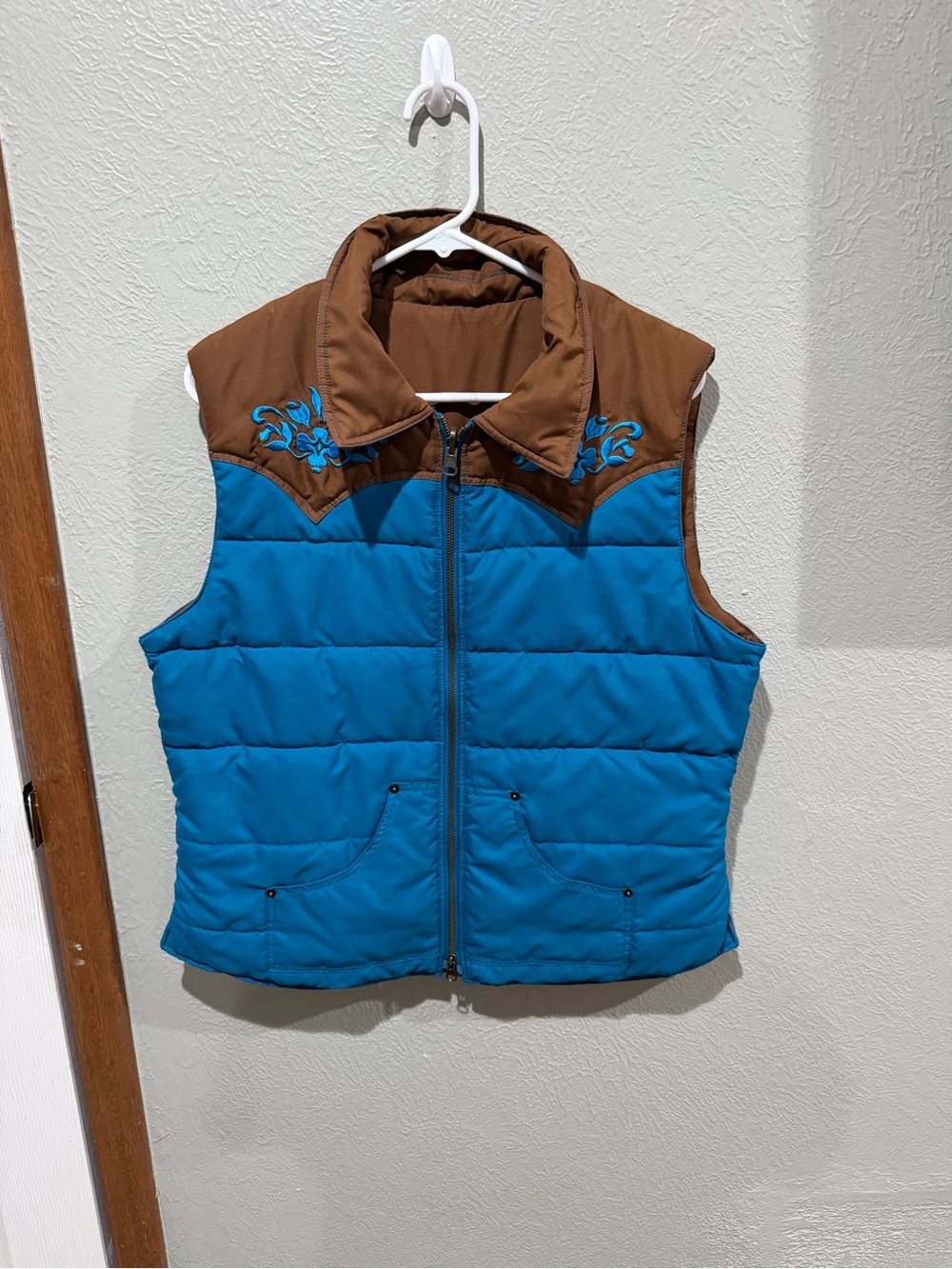 Roper Teal and Brown Quilted Puffer Vest with Embroidery